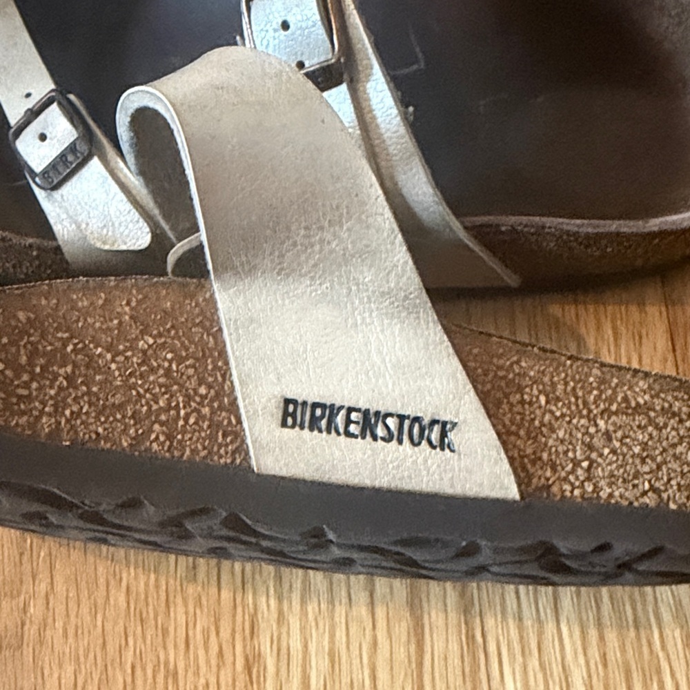 Birkenstock Metallic Silver Two-Strap Sandals, size 8.5
